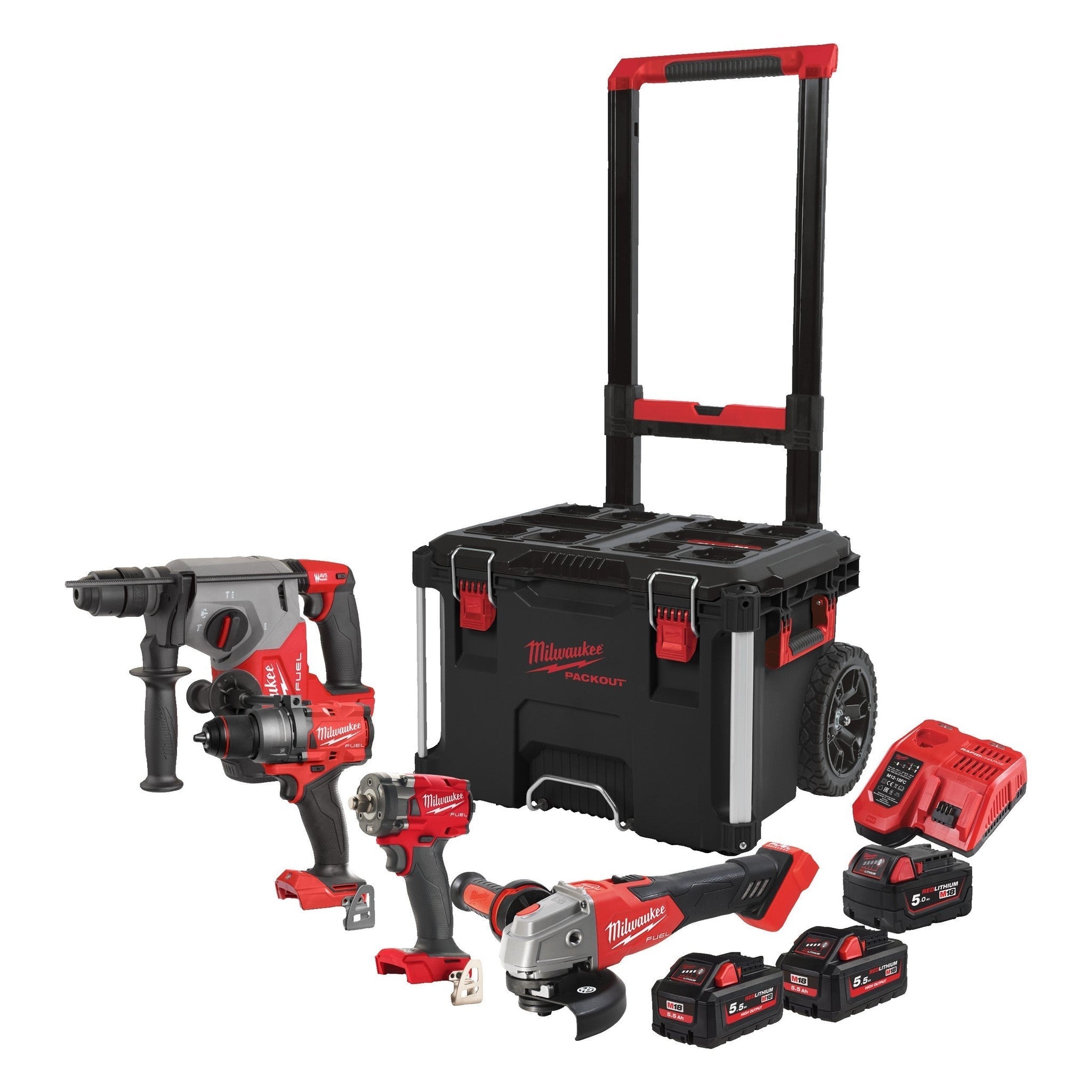 Milwaukee M18 FPP4C-555T Powerpack met 4 machines 18V - 1x5,0Ah/2x5,5Ah Li-Ion - in Packout Trolley